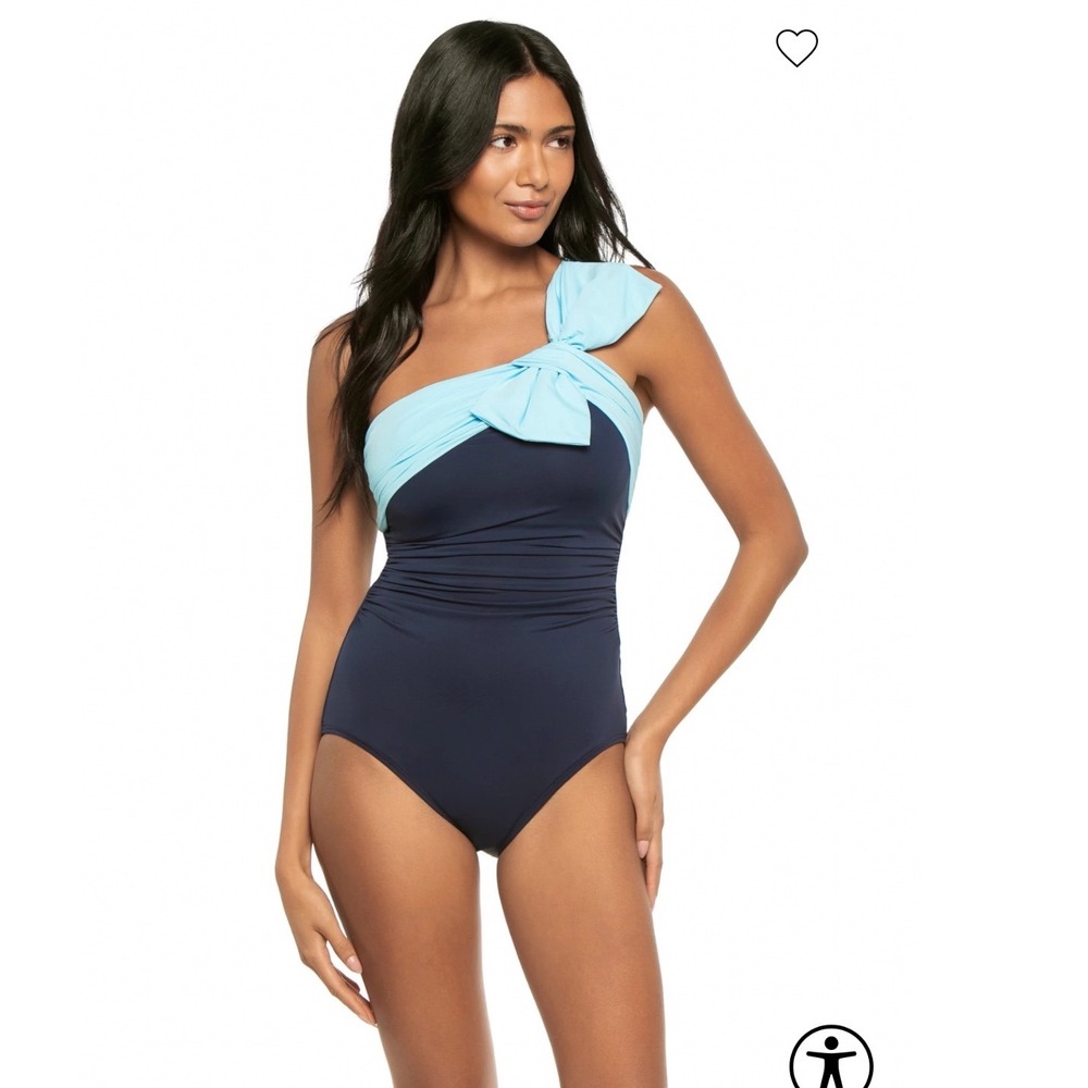 Carmen Marc Valvo One Shoulder Bow One Piece Swimsuit Navy Light Blue Ruched 6